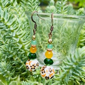 Vintage Style Ceramic Beaded Dangle Earrings | Browns, Greens, and Golds